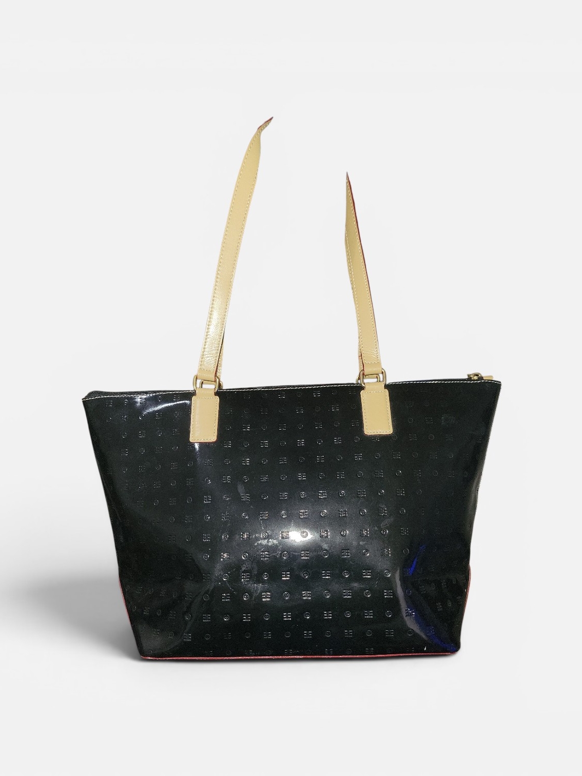 Arcadia Black Patent Tote With Tan Leather Handlea And Base